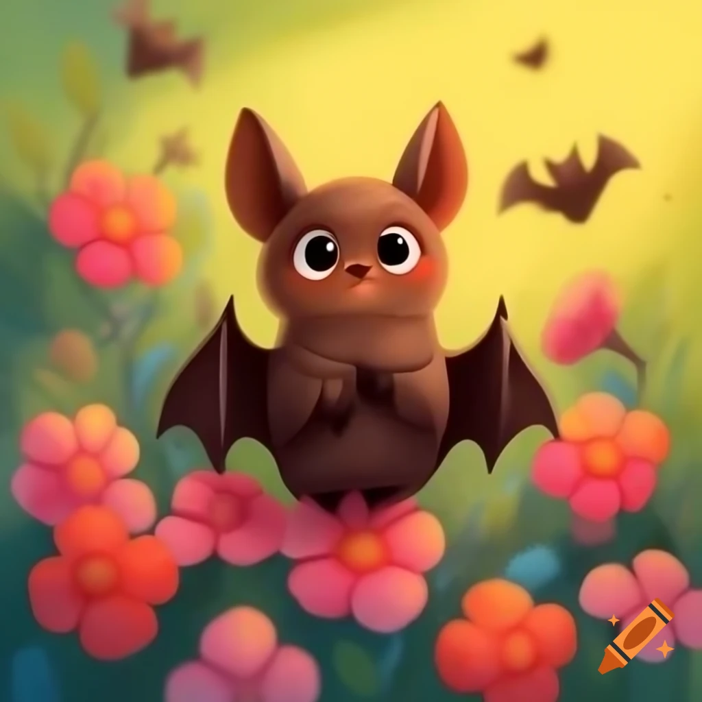 Cute bat among colorful flowers in painting