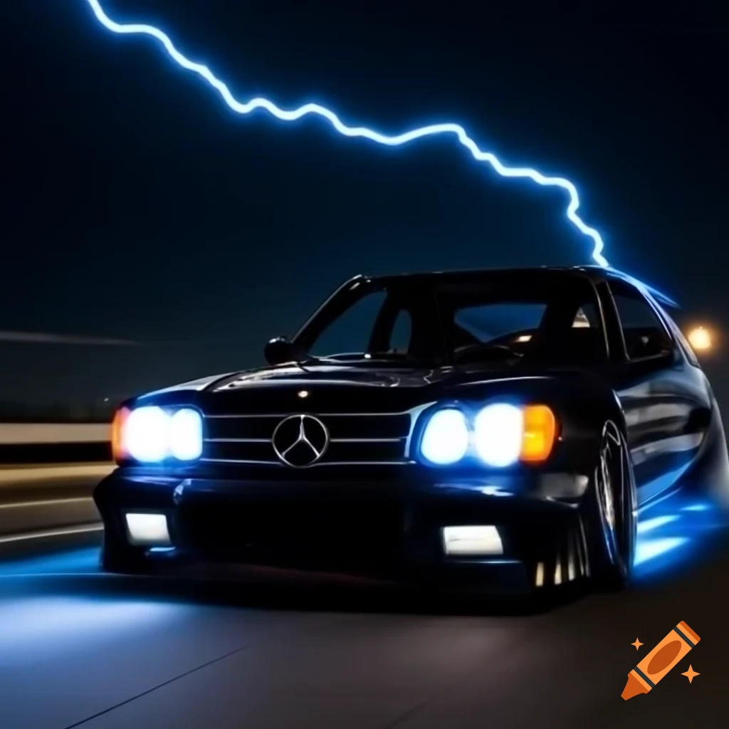 Black Mercedes 190 Evo 3 in motion at night with blue lightning effects and dynamic 'VELOCITY' text