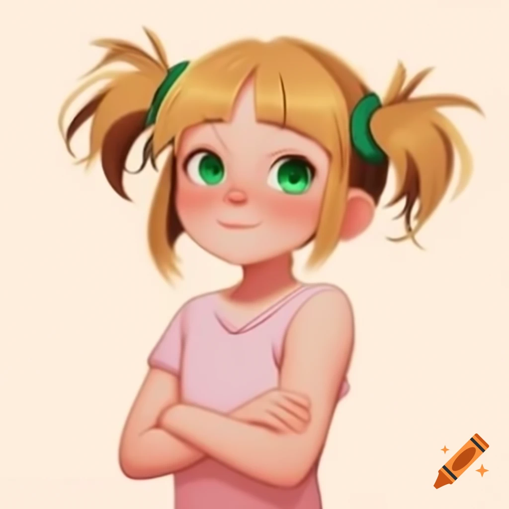 Anime girl with blonde hair and dark emerald green eyes, wearing a pink sleeveless t-shirt