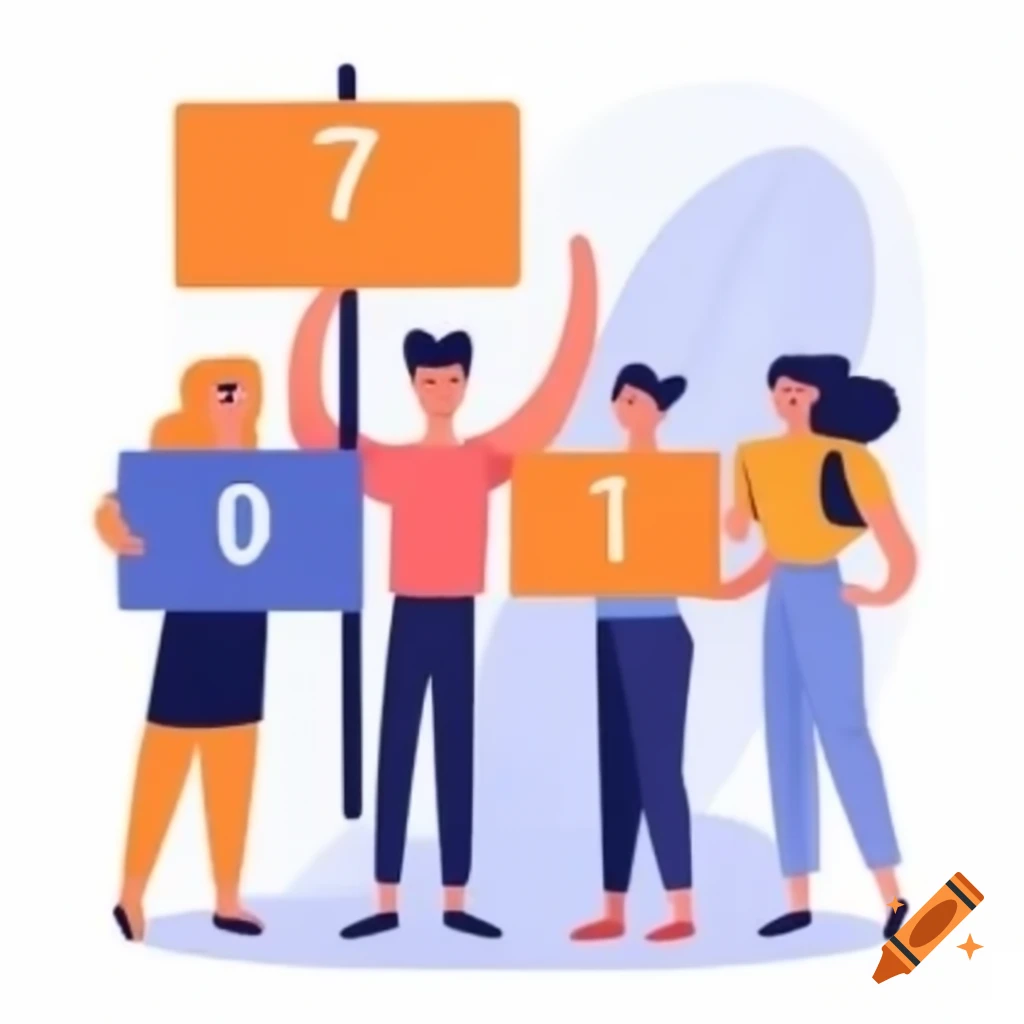 Cartoon of three people holding score signs in a competition