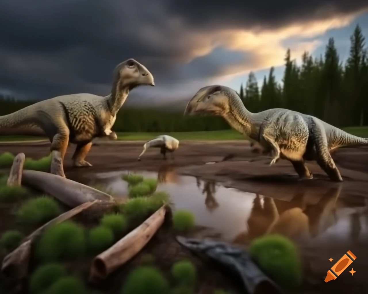 Striped Hadrosaurus roaming mudflat with ferns and driftwood in British Columbia