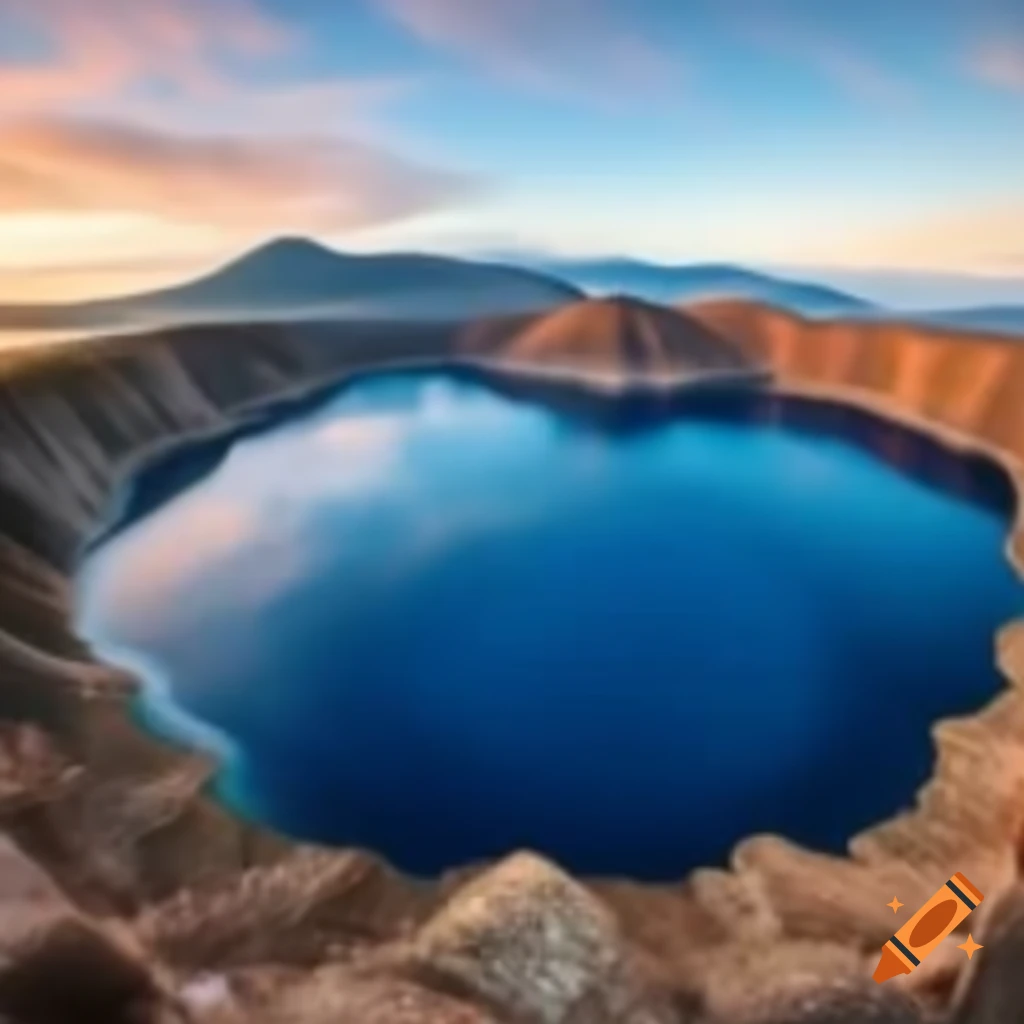 Panoramic view of crater blue lake with mountain sunset