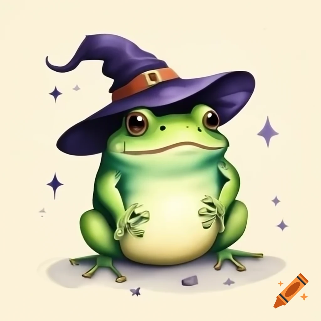 Fat frog wearing a witch hat