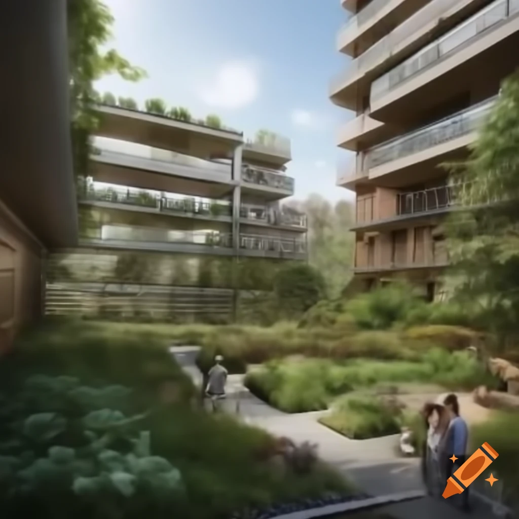 Realistic urban village showcasing green energy and community with modern eco-friendly buildings