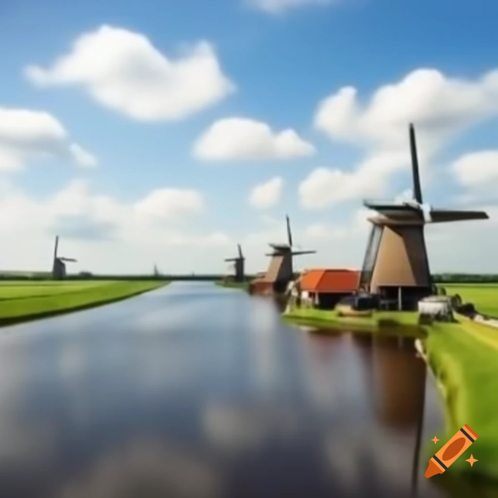 Three Dutch windmills with green structures and red-roofed houses by a river