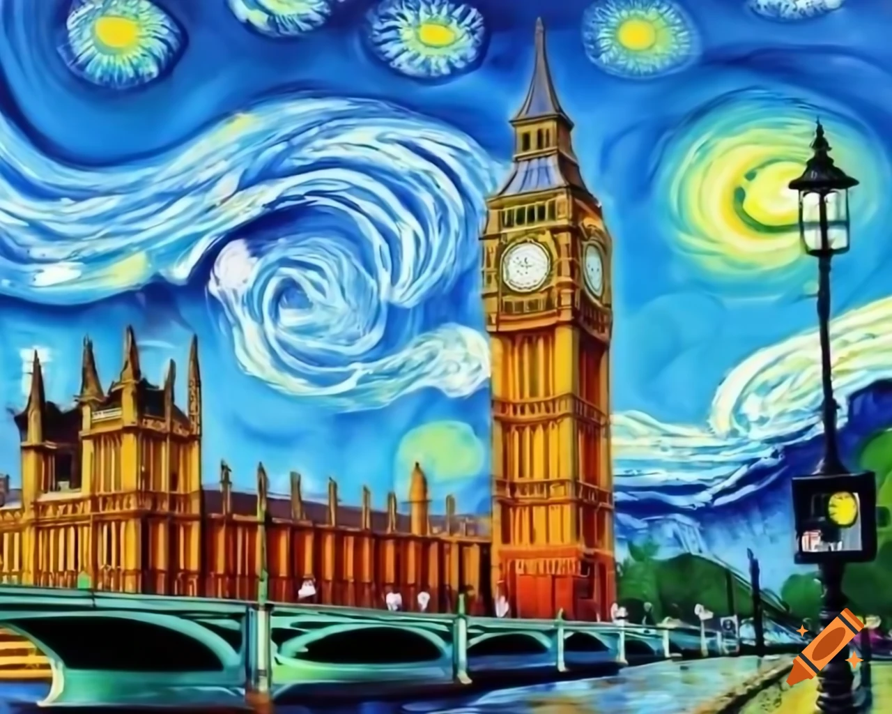Big Ben in London painted in vibrant colors inspired by Van Gogh