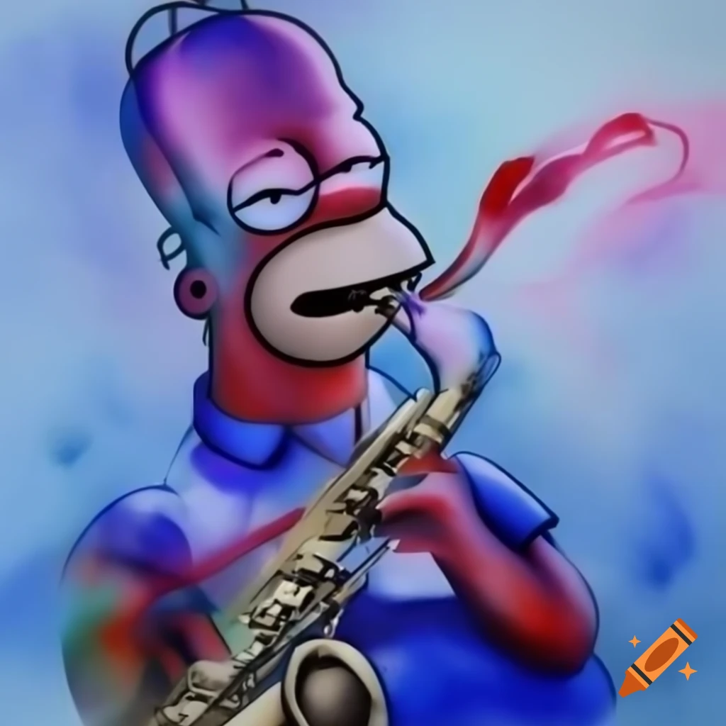 Surreal watercolor of Homer Simpson playing saxophone in childlike style