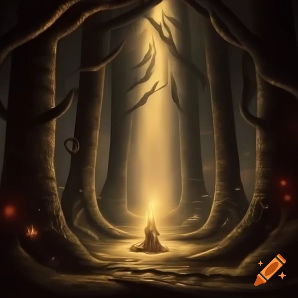 Realistic magical forest scene with towering trees in charcoal and warm shades