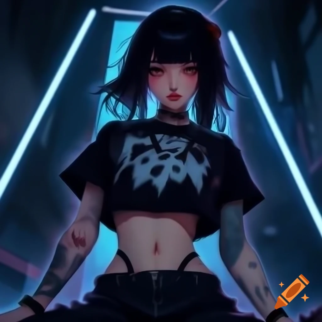 Punk-inspired young woman in dystopic fashion with midriff exposed