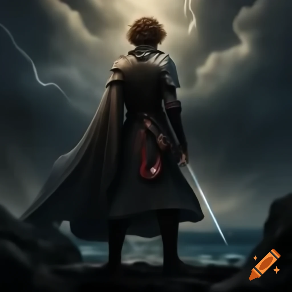 Young soldier in medieval fantasy attire observing from a cliff