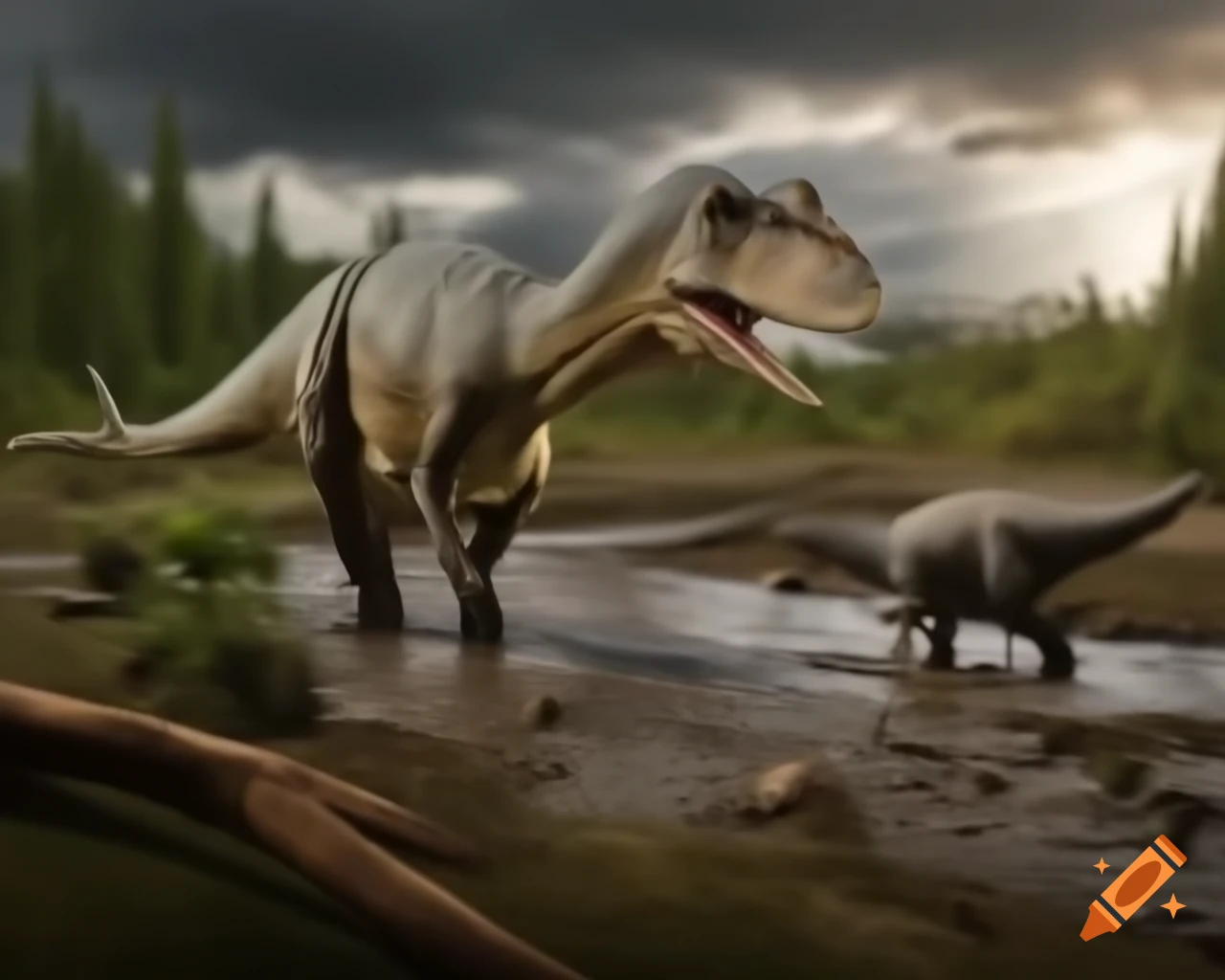 Striped Hadrosaurus roaming in a muddy flat with ferns and driftwood in British Columbia