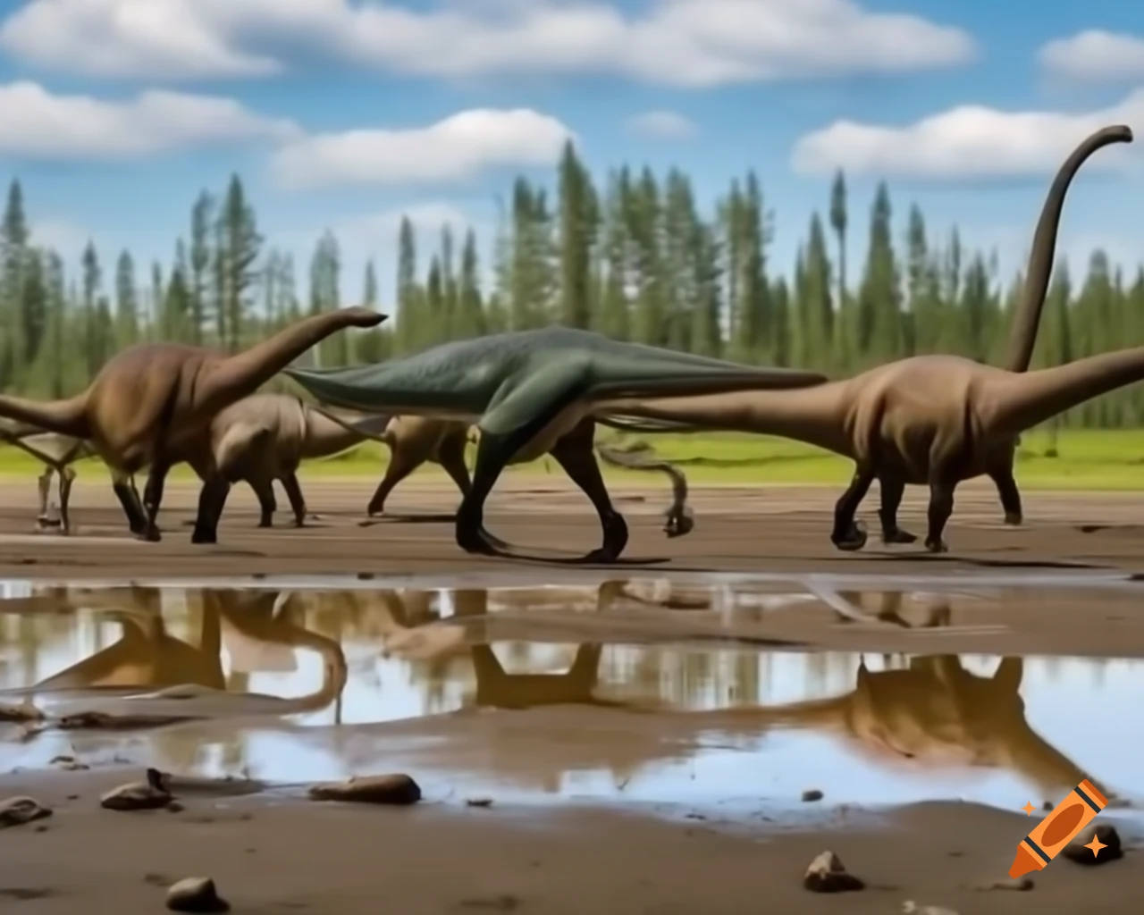 Hadrosaurus herd crossing mudflat with ferns and driftwood in British Columbia