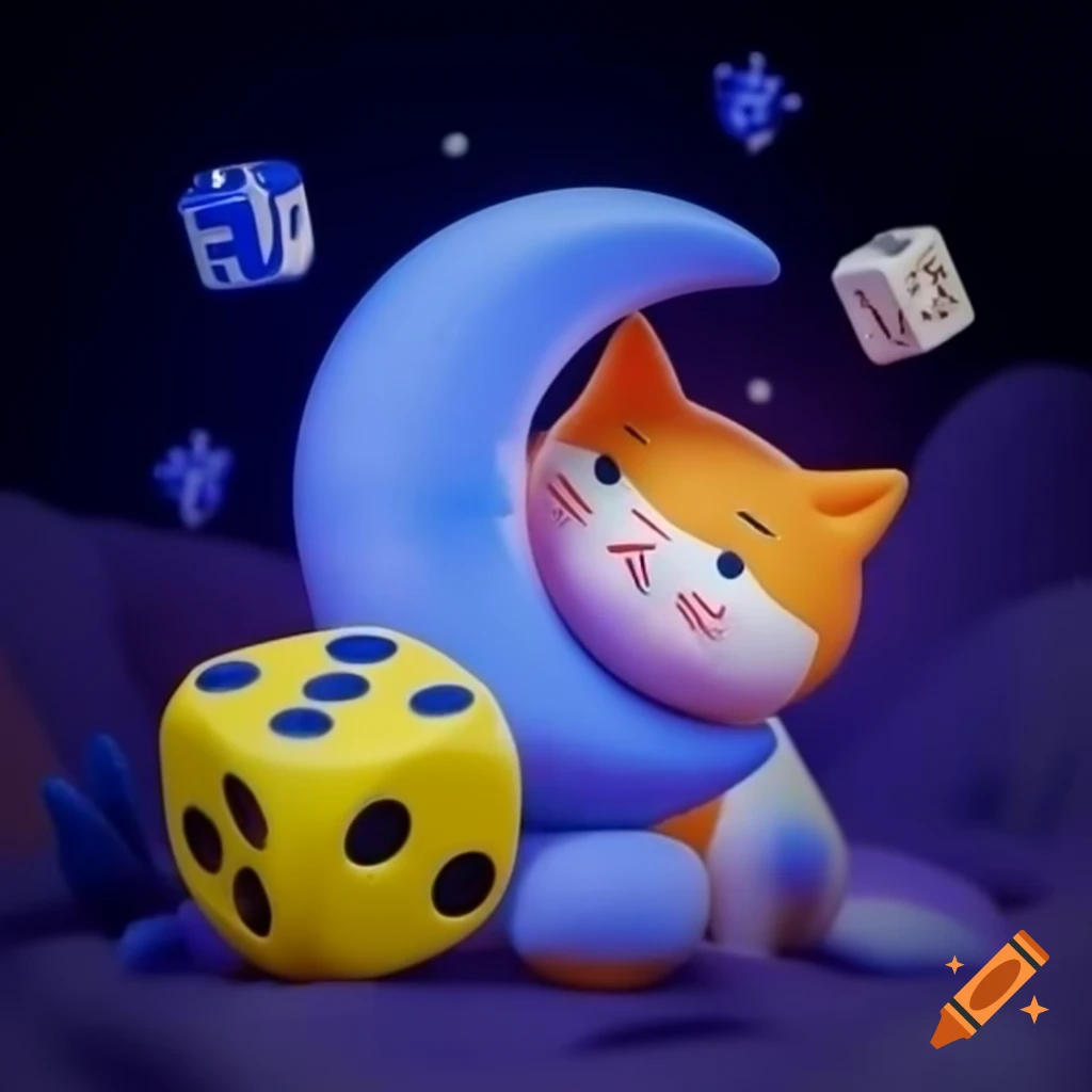 Creative cat art composed of disc body, moon tail, and dice feet