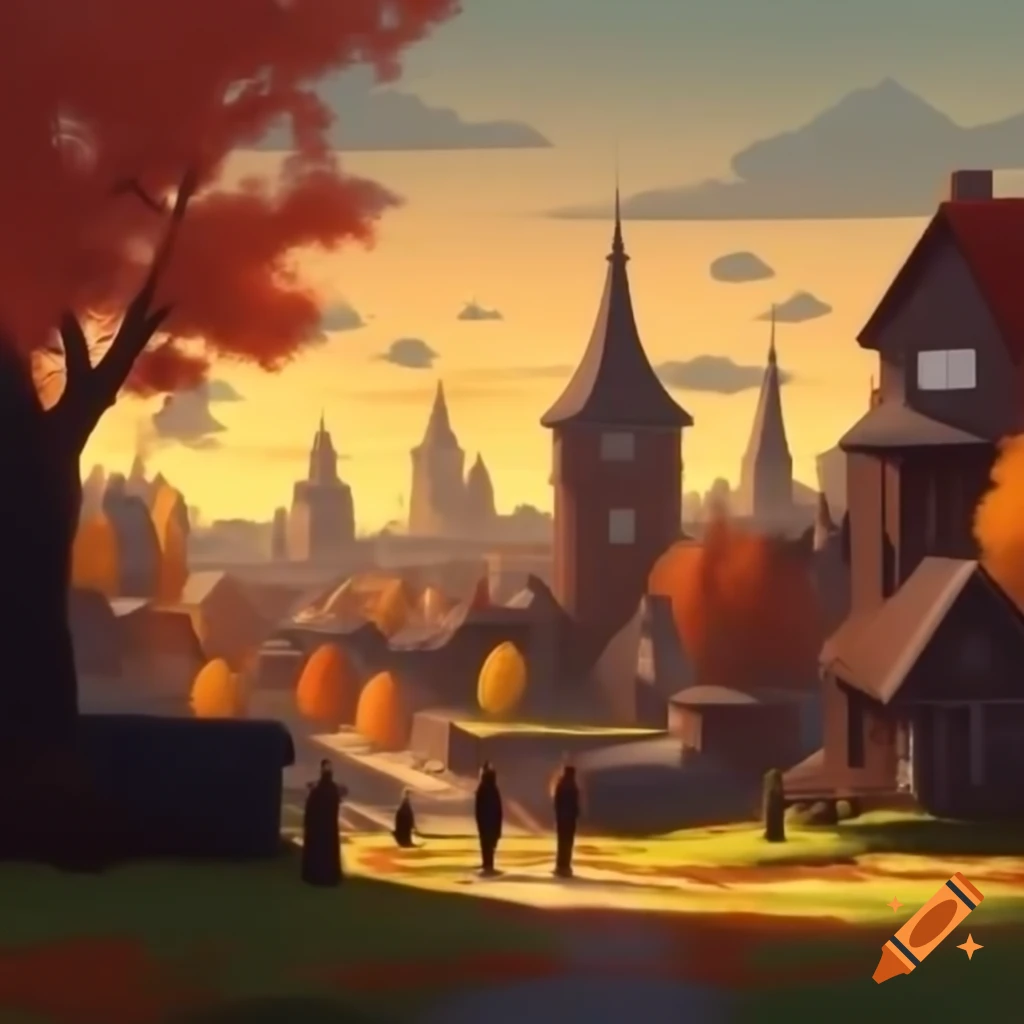Village skyline silhouette in autumn with people