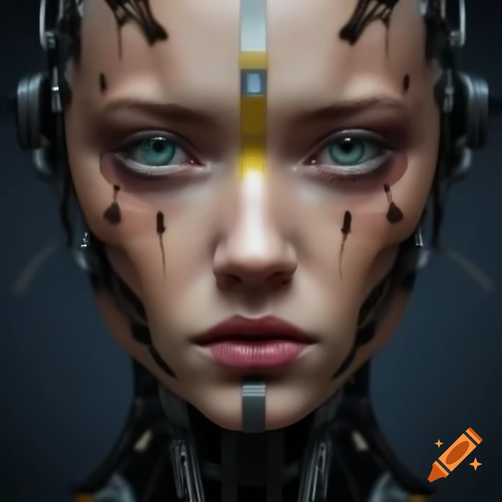 Realistic portrait showing split face of human and robot