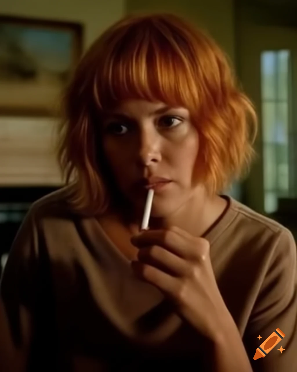 Rookie policewoman with ginger hair smoking at crime scene in dusty living room