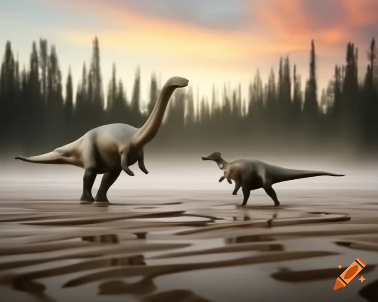Two Stegosaurus and a Diplodocus in a muddy landscape with driftwood