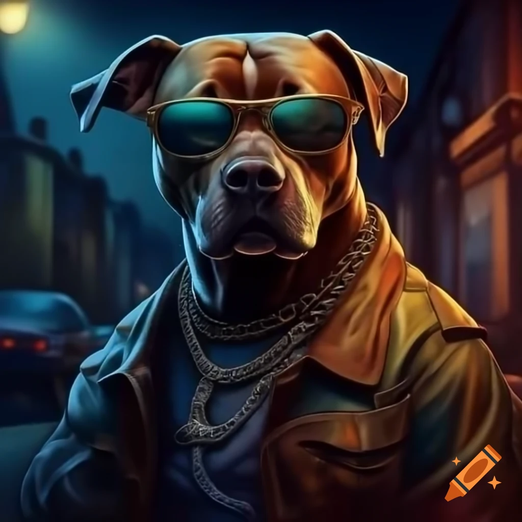 Dog in cool jacket and sunglasses, relaxing on street corner at night