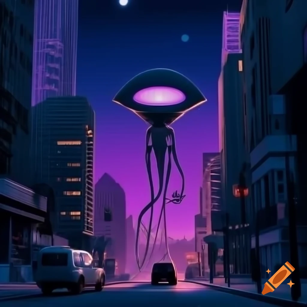 Alien city street scene with violet sky