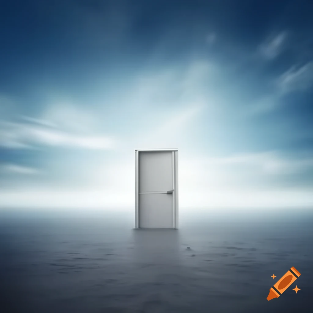 Door in wall overlooking vast open sea