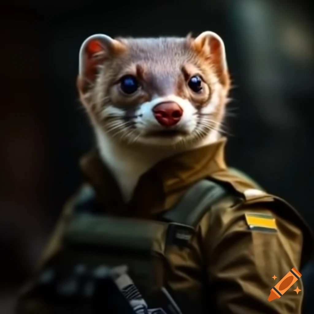 European weasel wearing tactical military uniform
