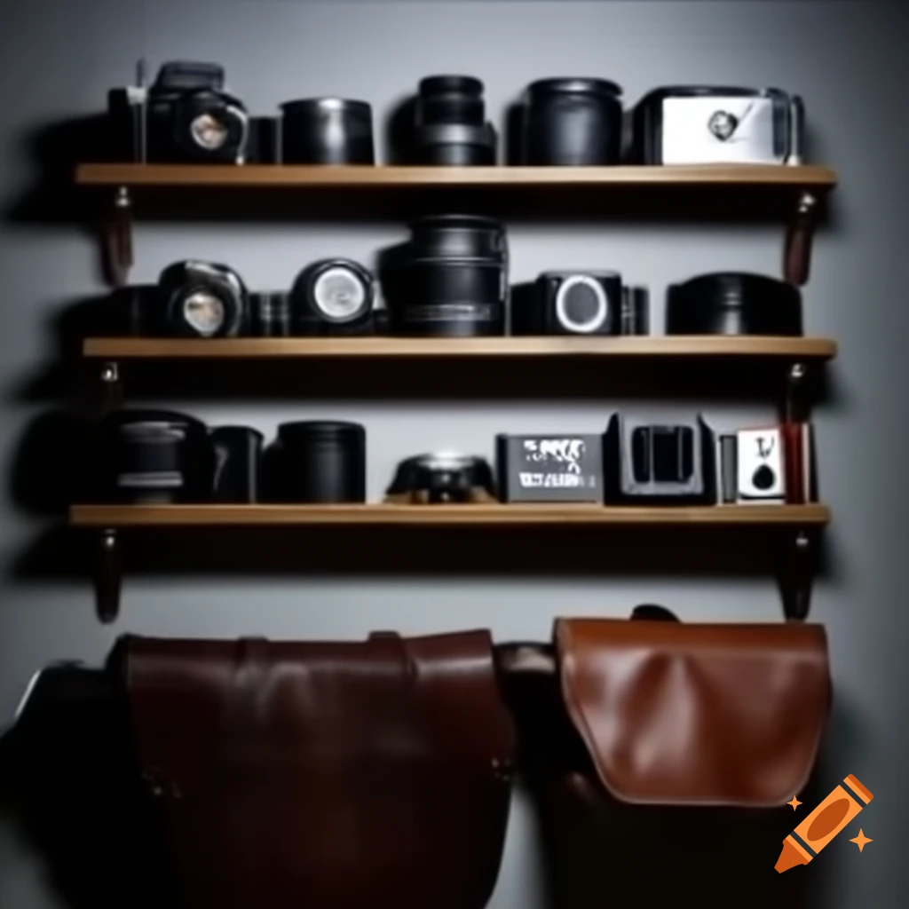 Photography equipment including cameras, lenses, and accessories on shelves