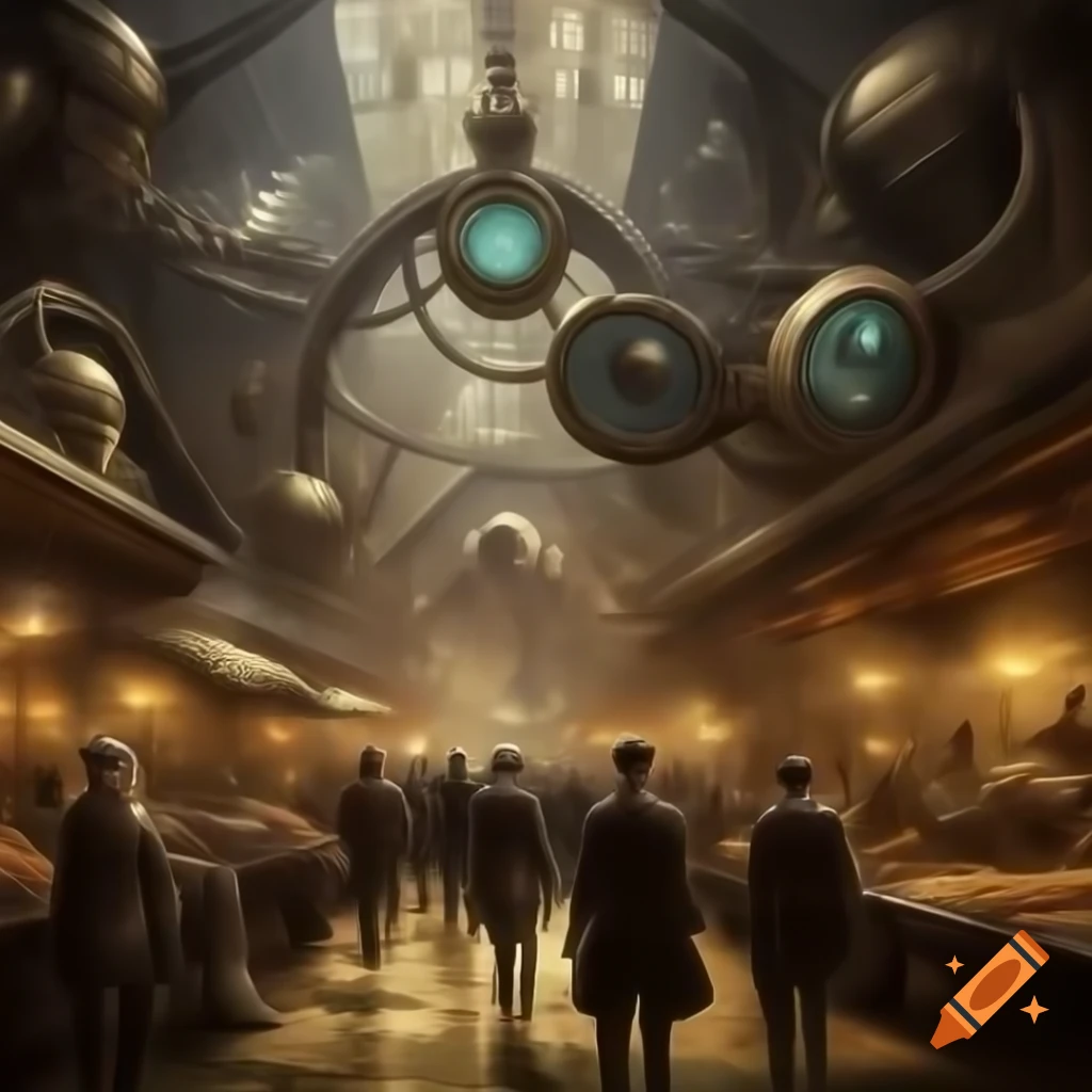 Bustling steampunk marketplace in alternate Victorian era with steam and clockwork technology