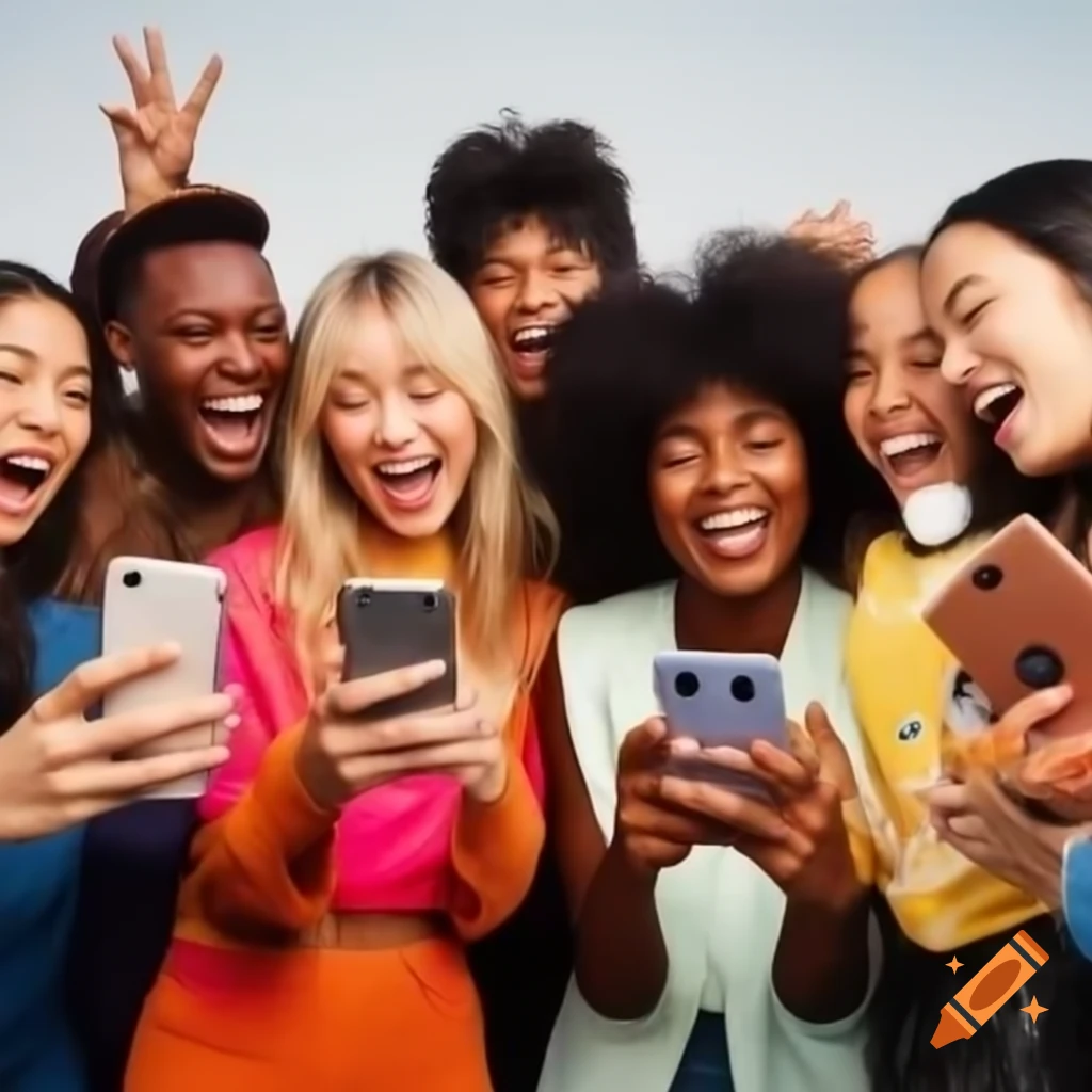 Joyful diversity with smartphones represented in futurism style