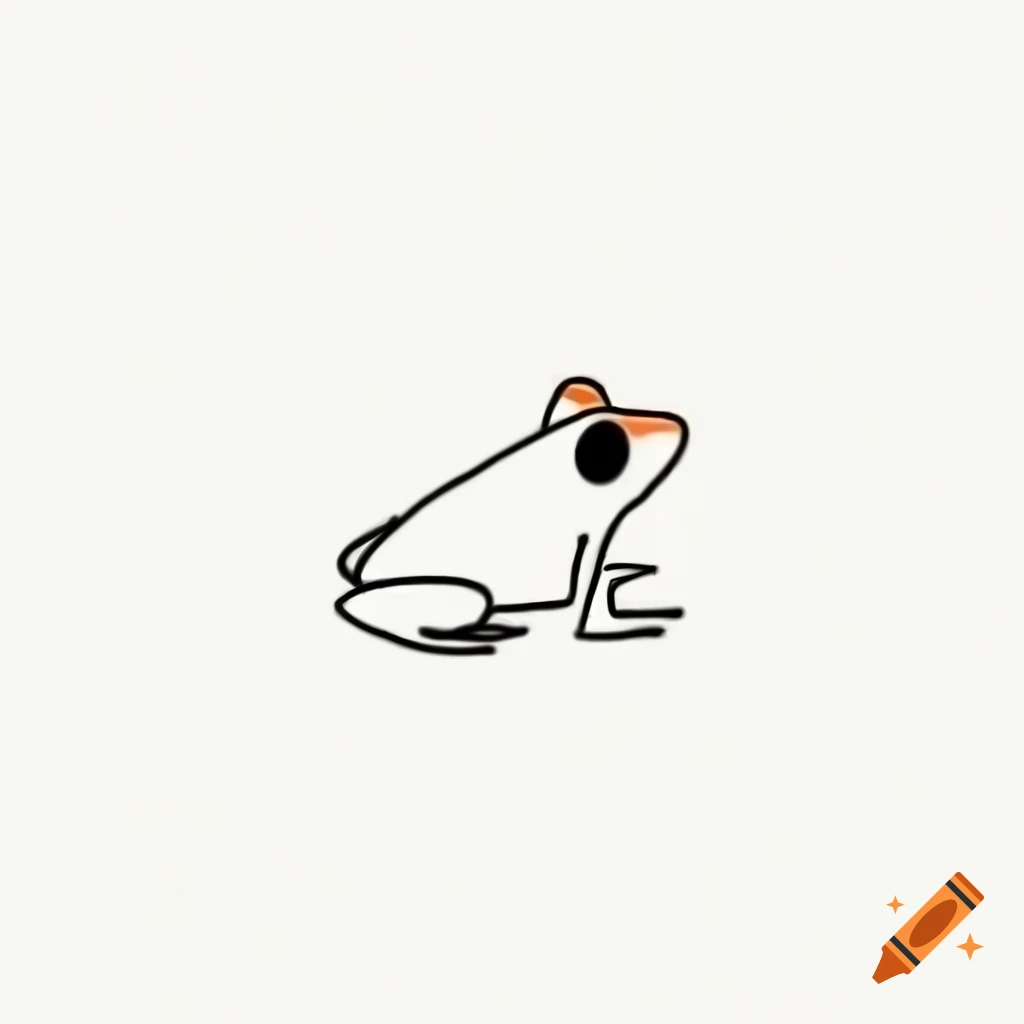 Minimalist black line drawing of a frog in orange and green on white background
