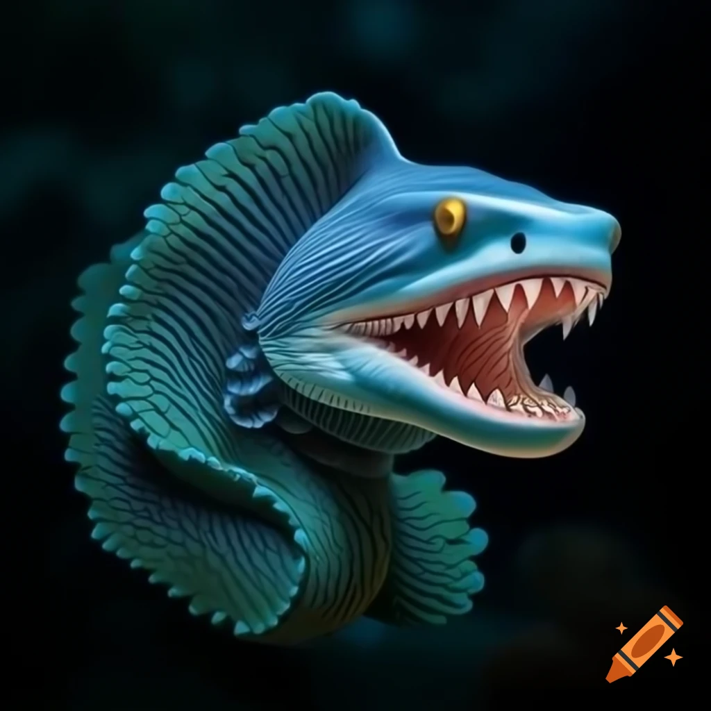 Menacing hybrid moray eel and frilled shark illustration in blue, green, and orange