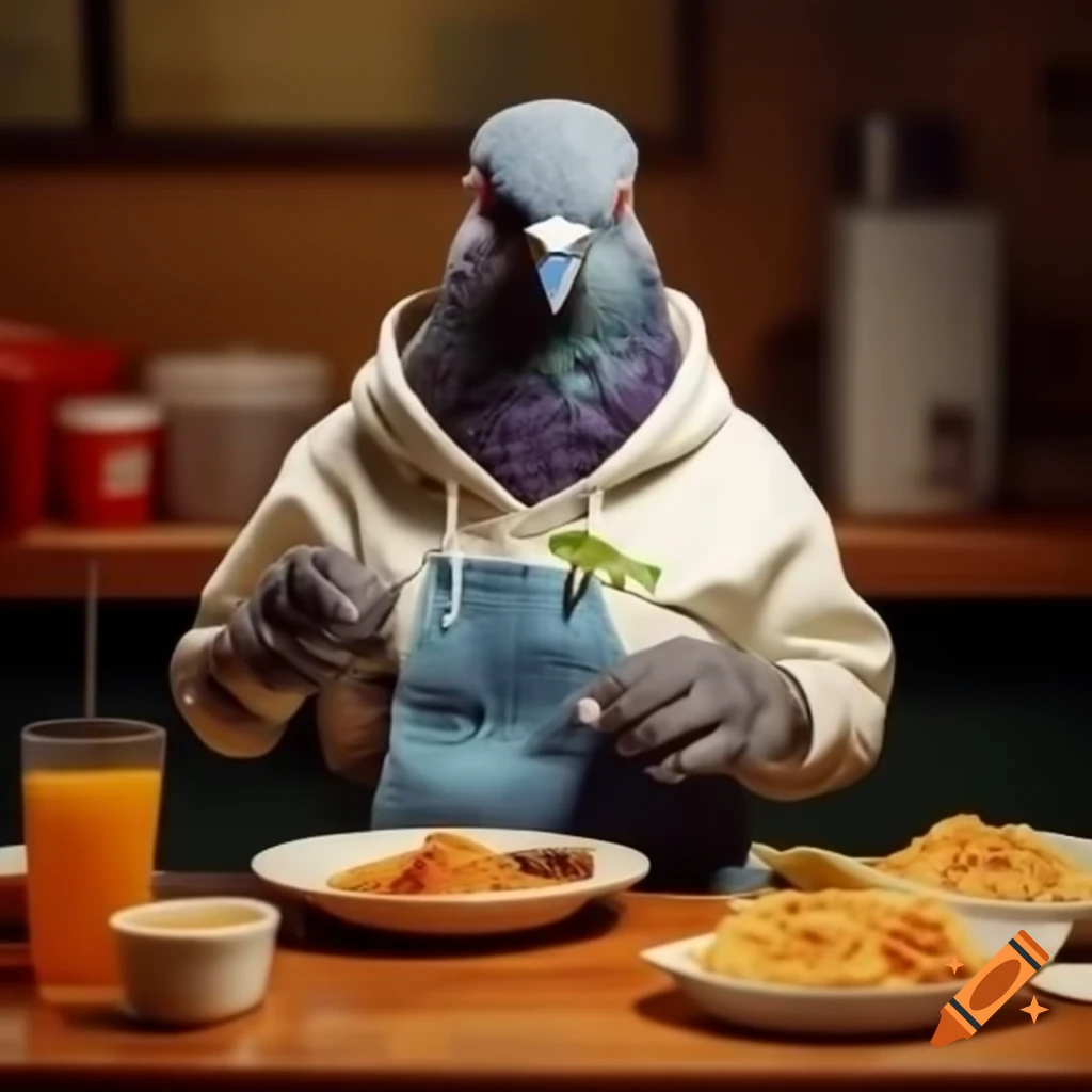 Pigeon in tracksuit and glasses cooking in white kitchen