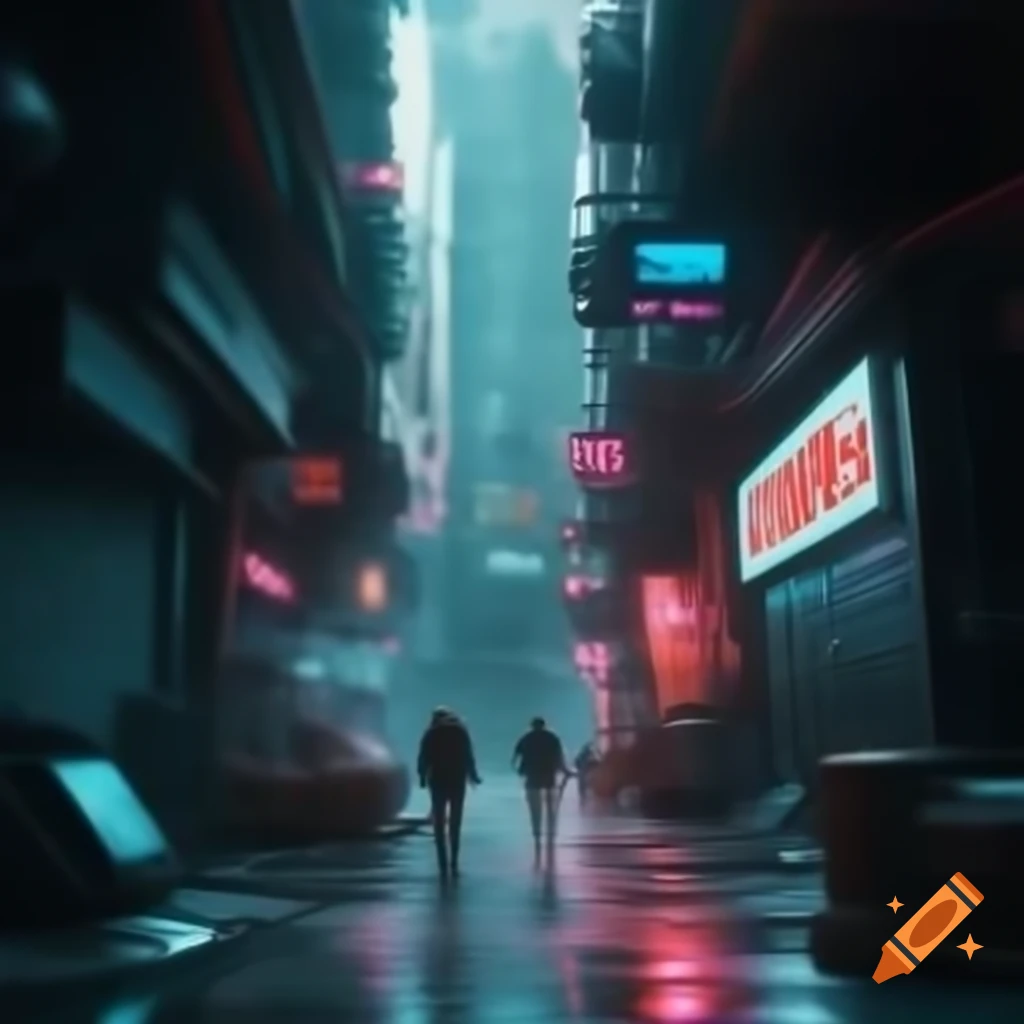 Cyberpunk alleyway with neon lights and futuristic elements