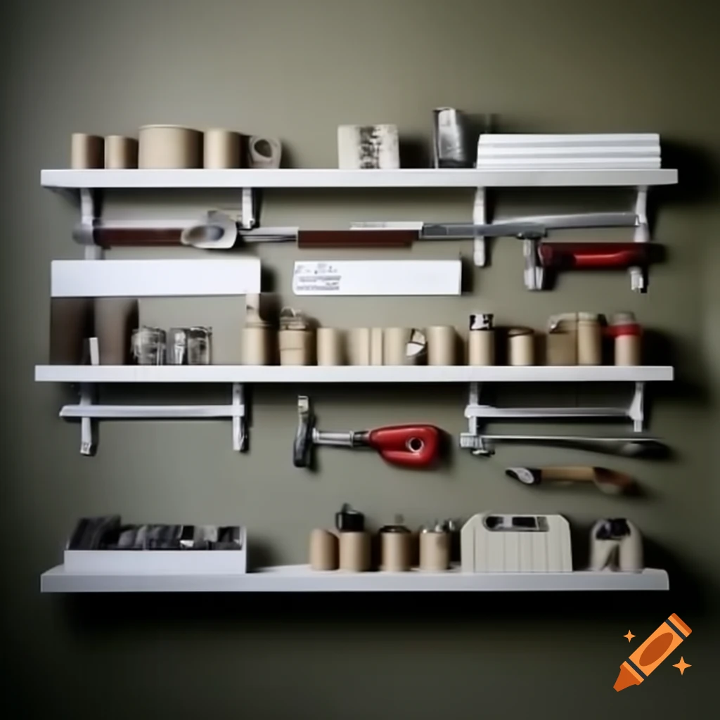 Horizontal shelves displaying various tools for photography