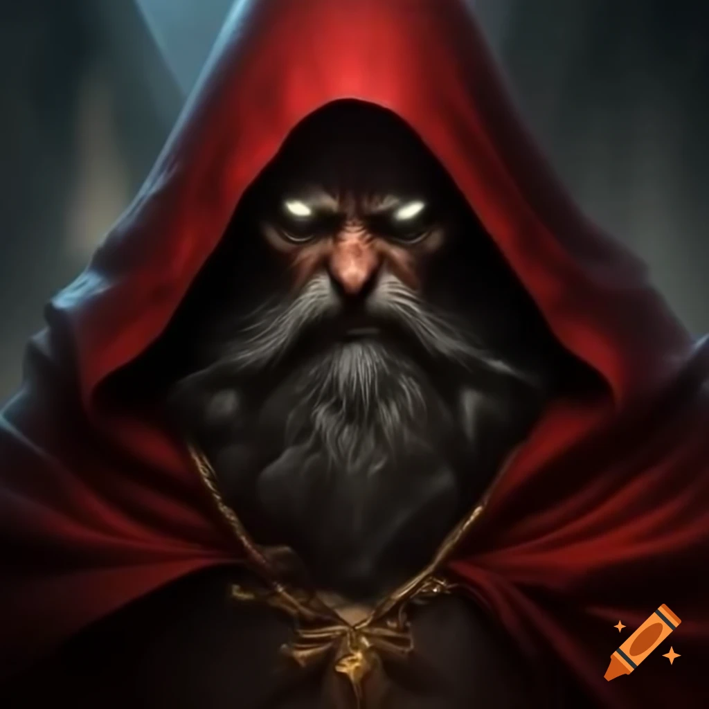 Wizard in red cloak with glowing eyes and jewelry