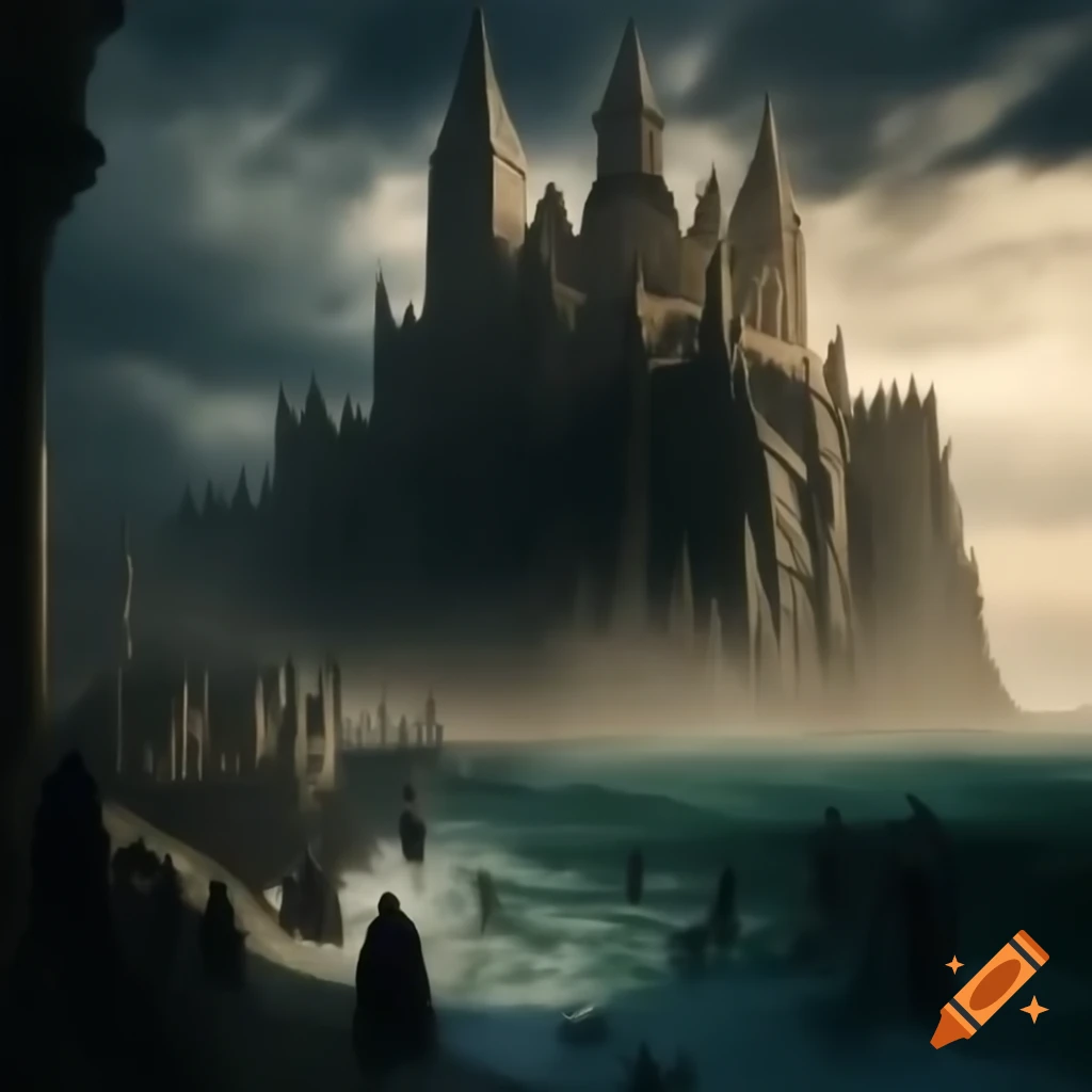 Ancient monastery on cliff overlooking tumultuous sea in medieval Europe