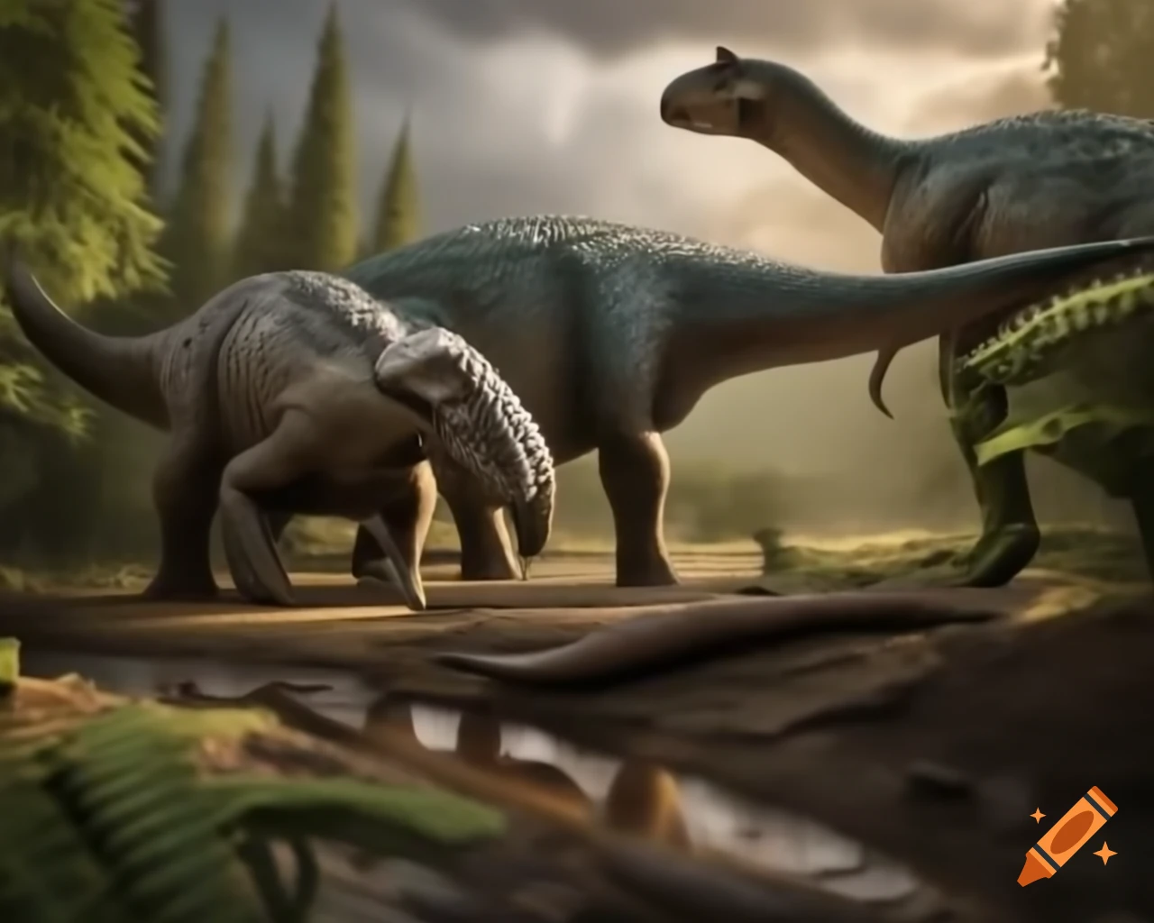 Striped Hadrosaurus roaming along a stream in British Columbia mudflat
