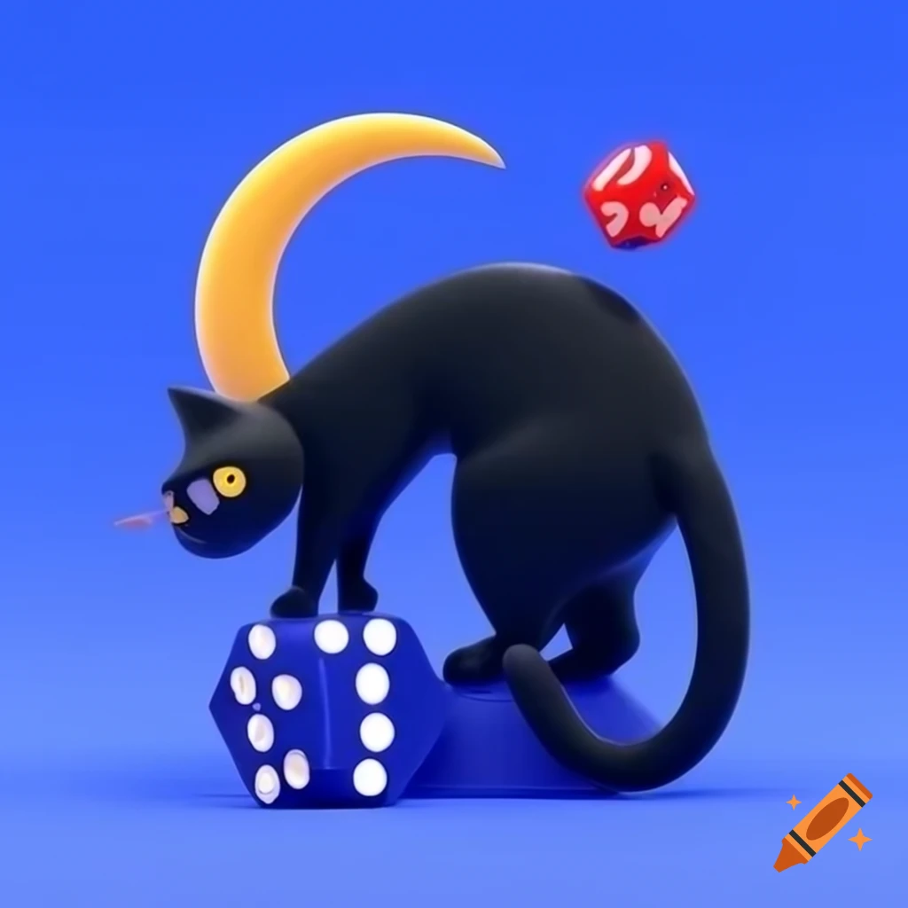 Clipart of black cat with crescent moon and dice around blue vinyl