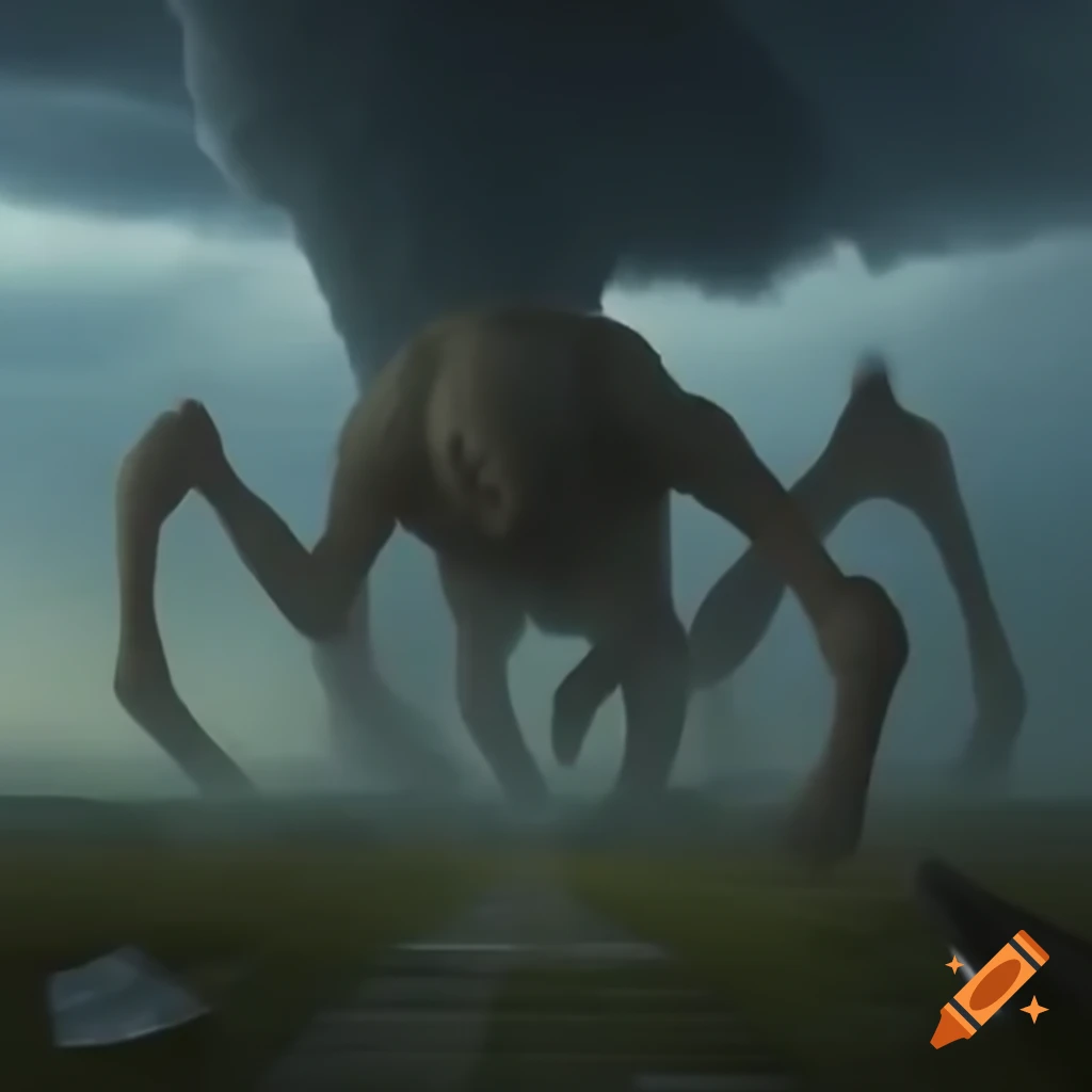 Giant four-legged creature with hooves running into a tornado