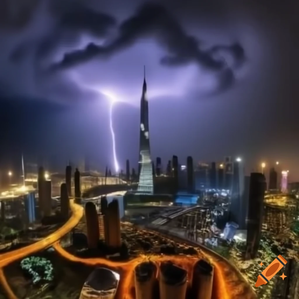 Thunderstorm at Burj Khalifa, dramatic urban landscape