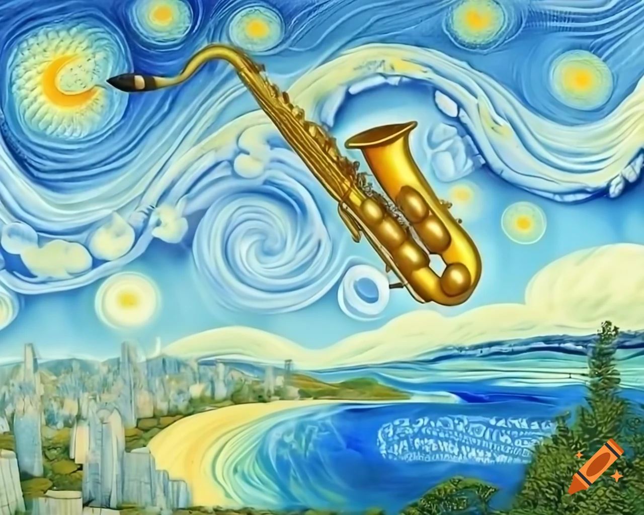 Saxophone soaring above Gold Coast Australia in Vincent van Gogh style