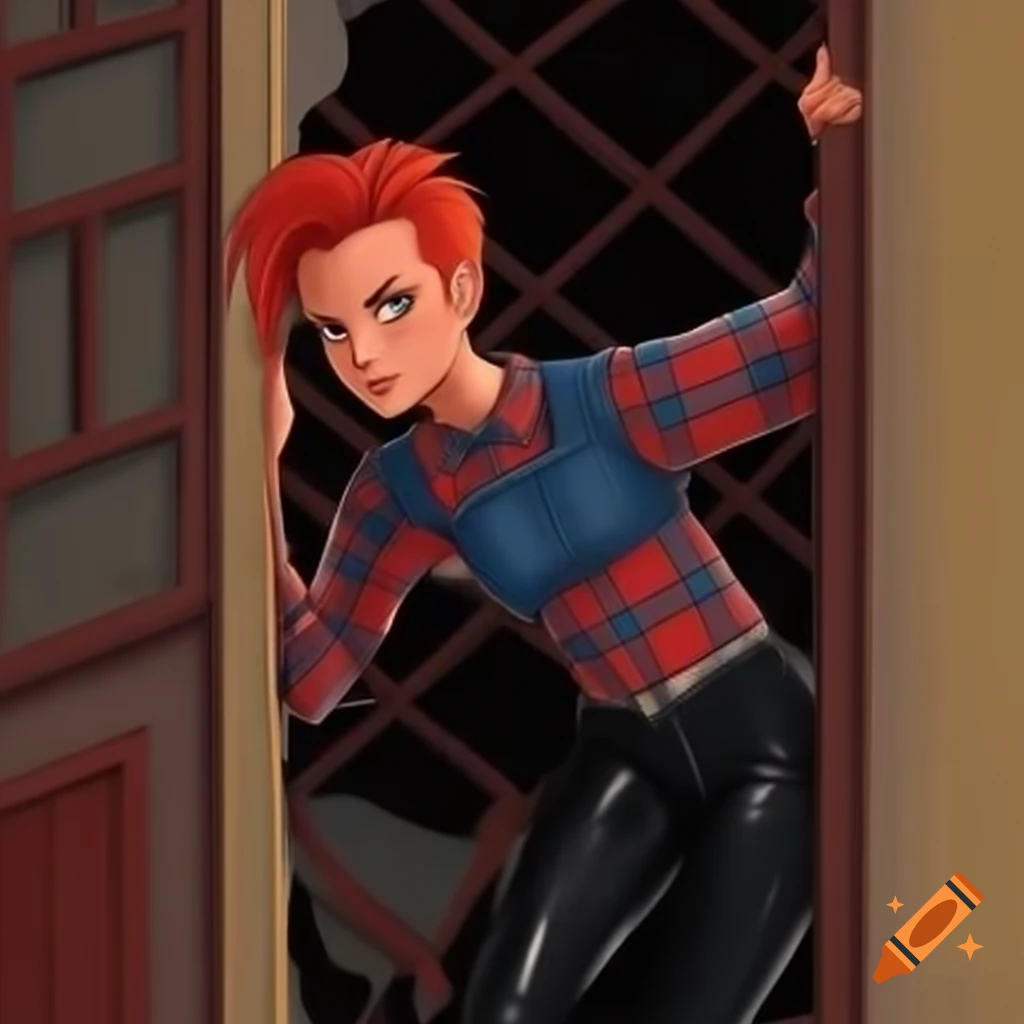Punk-rocker with mohawk hairstyle and plaid shirt peeking through derelict site