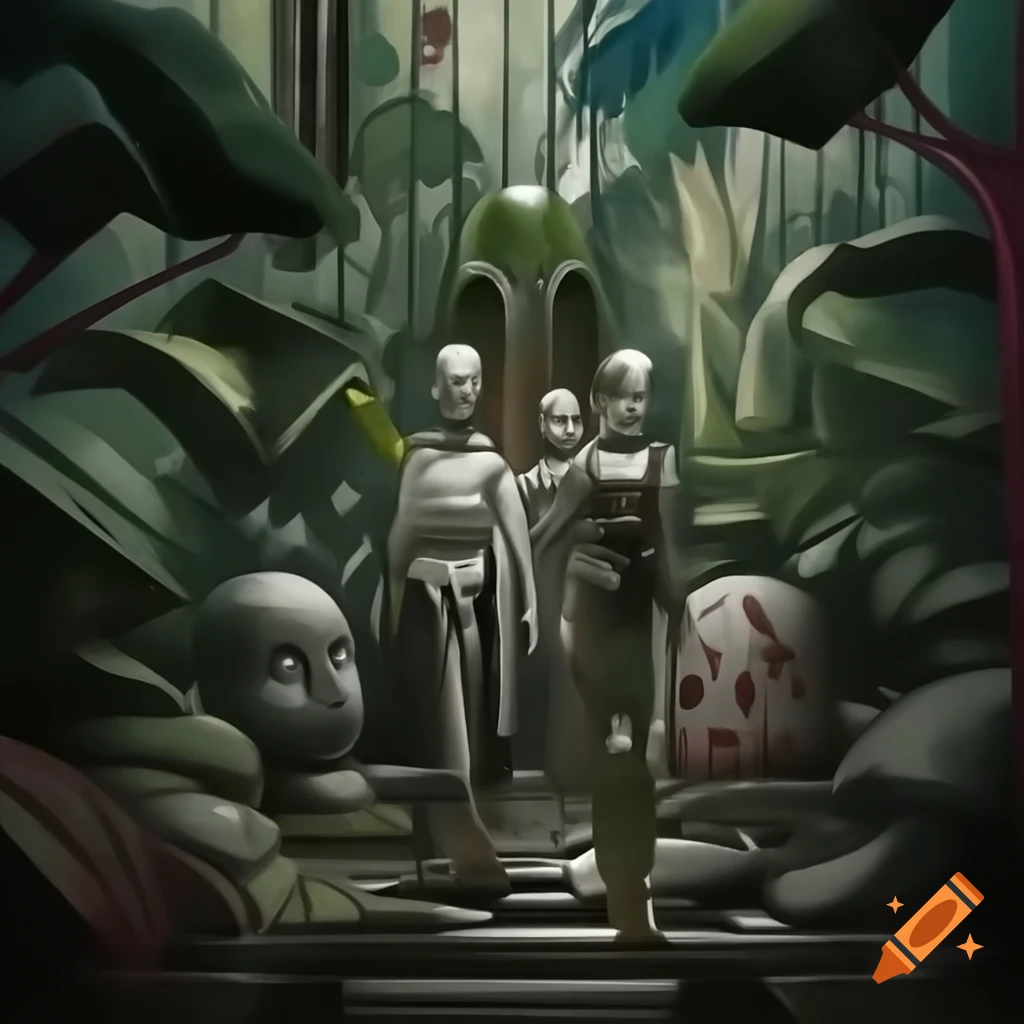 Abstract art depicting futuristic time travelers in the Garden of Eden with exotic flora and fauna