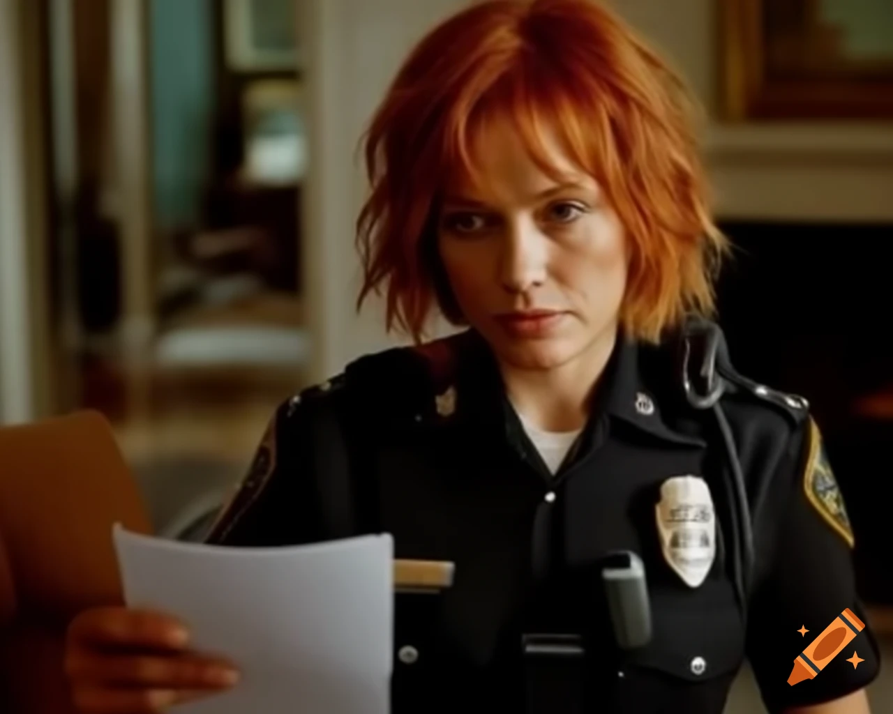 French female police officer taking notes at crime scene in dusty living room, hyper-realistic face details