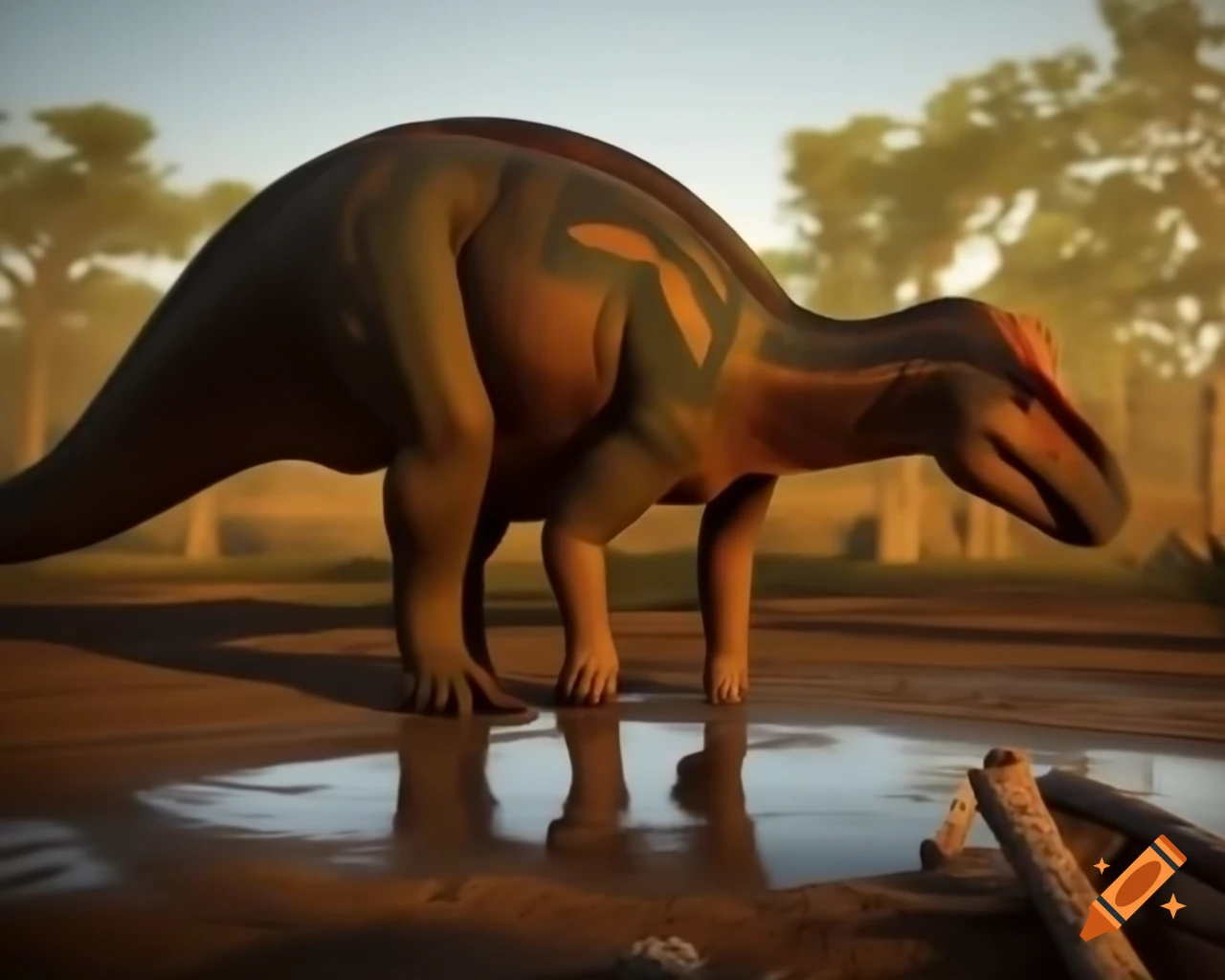 Hadrosaurus drinking in puddle under tree in sunny clearing
