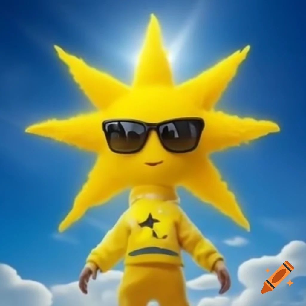 Bipolar bear rapper in star costume with wings, against bright yellow sun and blue sky