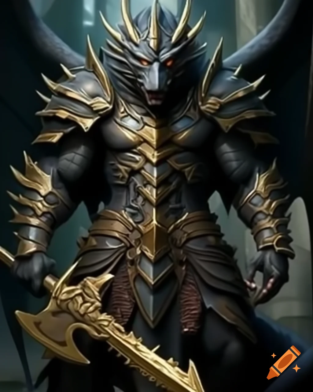 Black dragon in armor holding golden axe