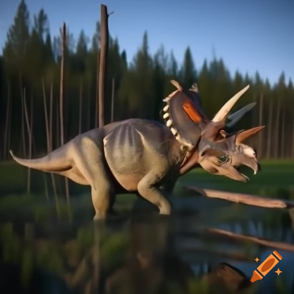 Protoceratops crossing marsh with driftwood in British Columbia morning