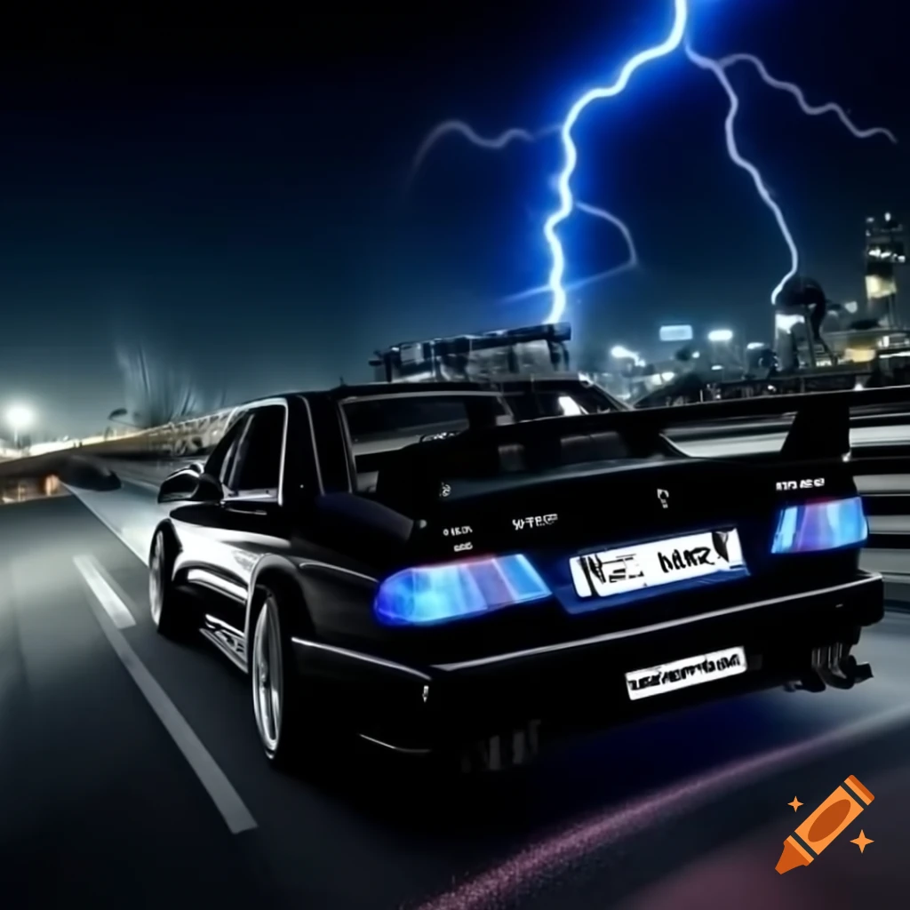 Black Mercedes 190 Evo 3 in motion at night with city skyline and blue lightning effects