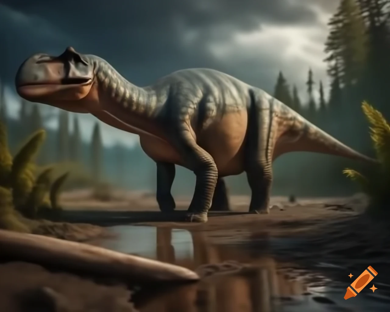 Striped Hadrosaurus roaming in a muddy flat with ferns and driftwood in British Columbia