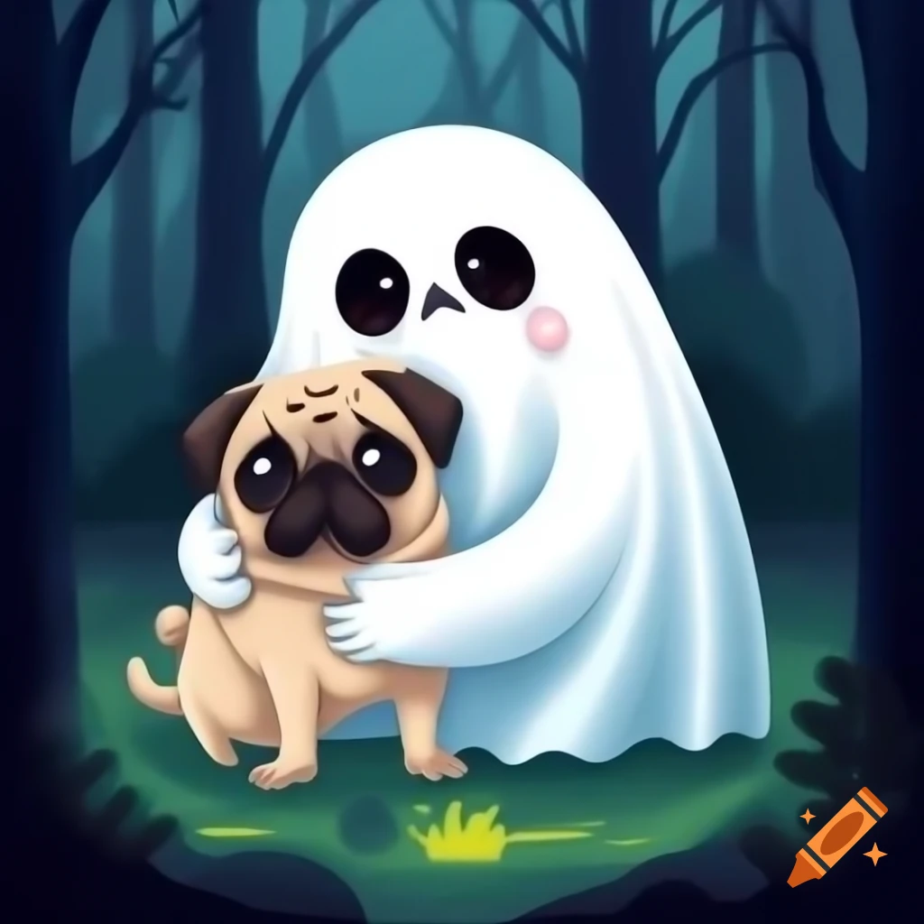 Ghost holding pug in foggy woods